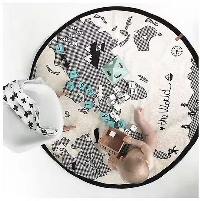 Ceny Pokój dziecięcy okrągły mapa świata pojemnik na zabawki przenośna mata do zabawy na zabawki dla dzieci gra podłoga organizator mata typu koc 135*135cm
