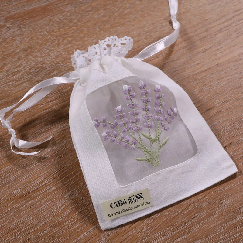 B011 White ramie cotton 12pieces embroidery Lavender gift bags Lace edge Storage bags 5x7 inches sachet bags, travel pouch