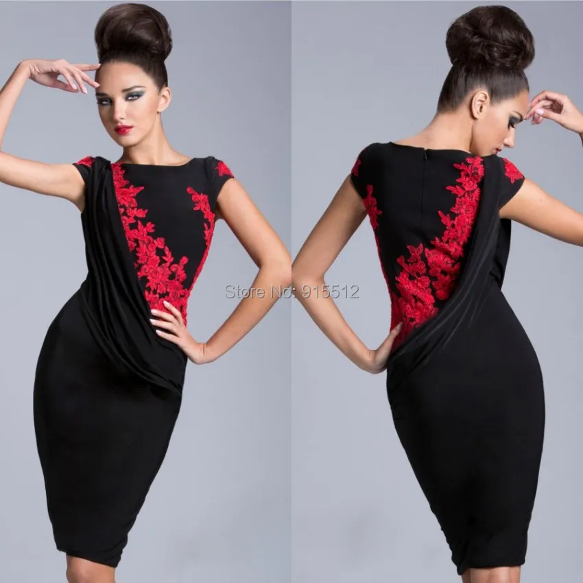 Mature Scoop Neckline Cap Sleeves Red Lace Black Color Cocktail Dress ...