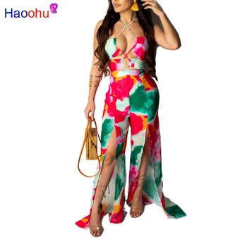 

Tie Dye Print Sexy Jumpsuits For Women Off The Shoulder High Split Wide Leg Bodysuit Summer Halter Backless Beach Party Romper