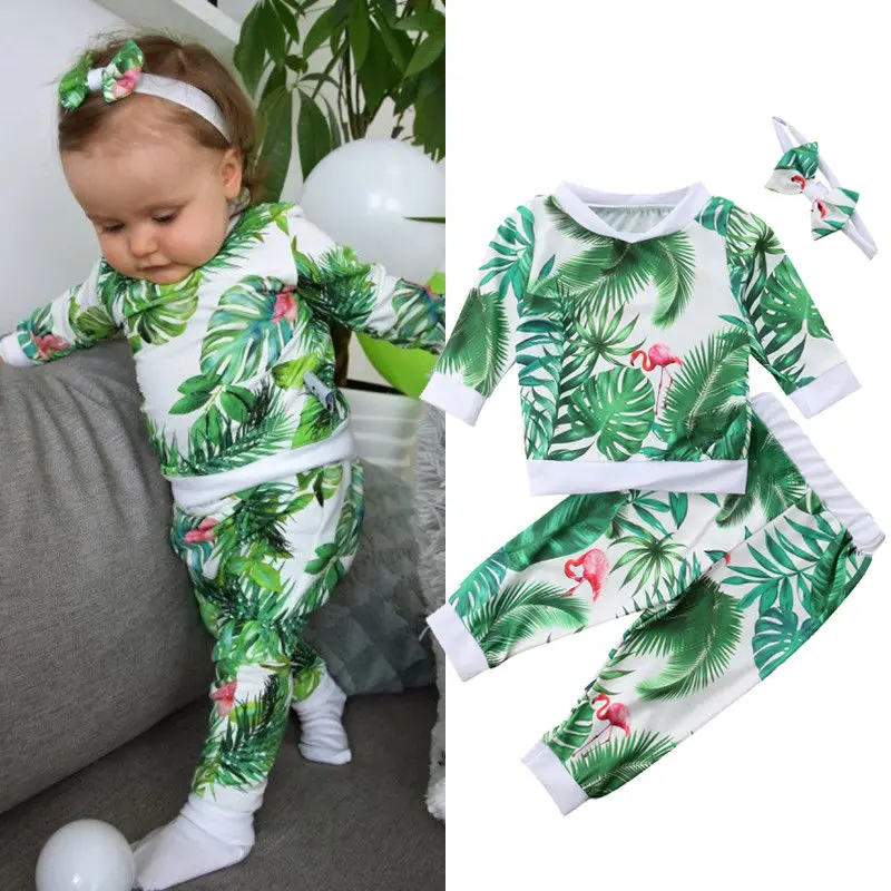 

3Pcs Newborn Baby Girl Flamingo Flower Tops Pants Leggings Outfits Clothes 0-2Y