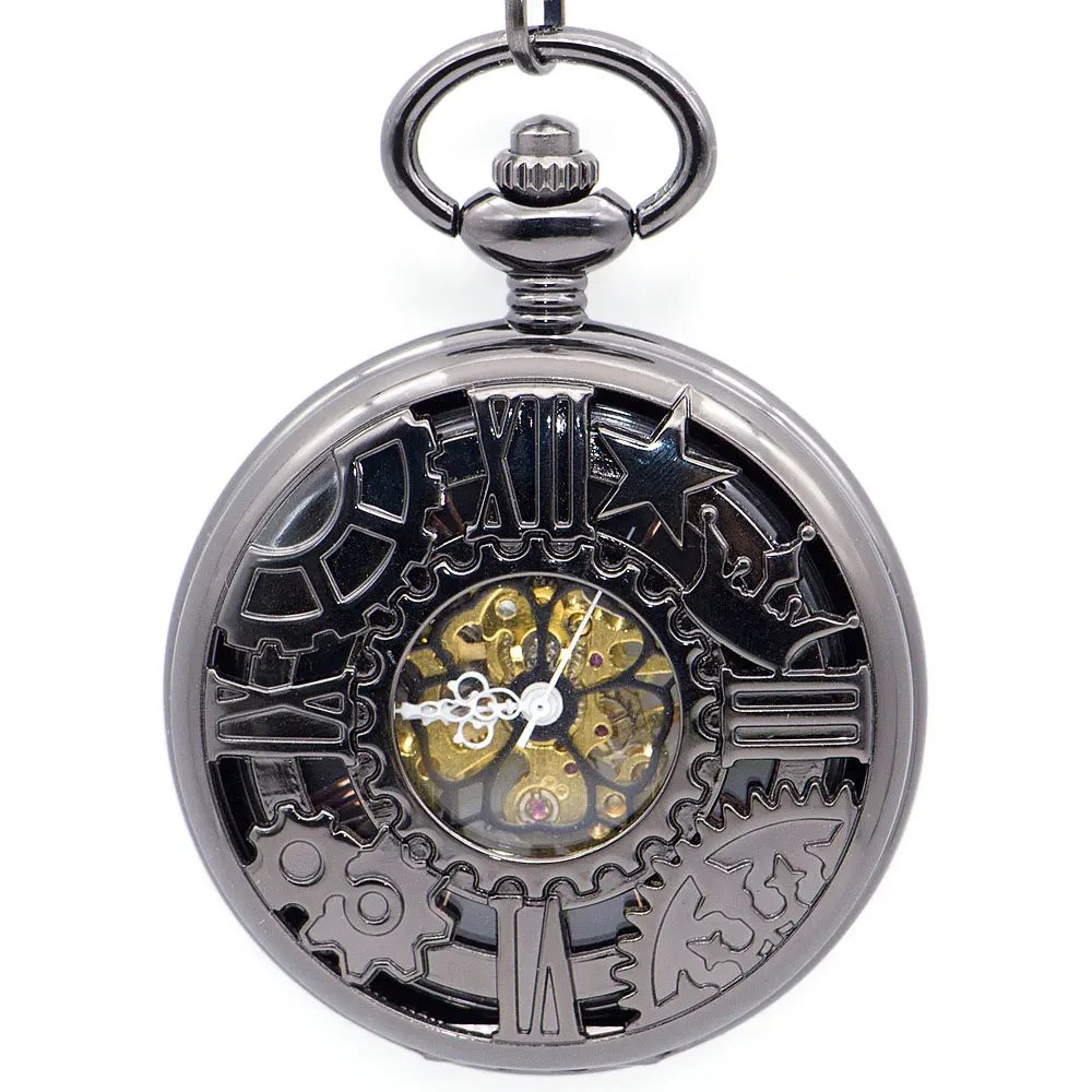 Колесо высокого качества Механические карманные часы со скелетом черные стальные карманные часы с цепочкой для мужчин и женщин PJX1342