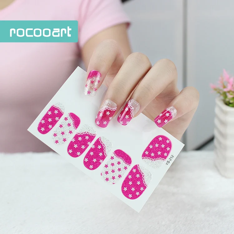 

Lace Style Pink Flowers Adhesive Nail Art Sticker Full Nail Colorful Classic Nail Decals Wraps For Women Lady Nails Rocooart