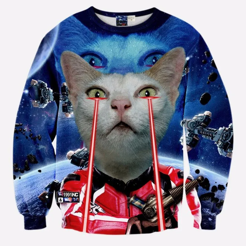 Cloudstyle 2018 забавные животные 3D кофты Для мужчин Лонгслив Лазерная кошка Пицца Кошка Модные принты пуловер Harajuku уличная топы