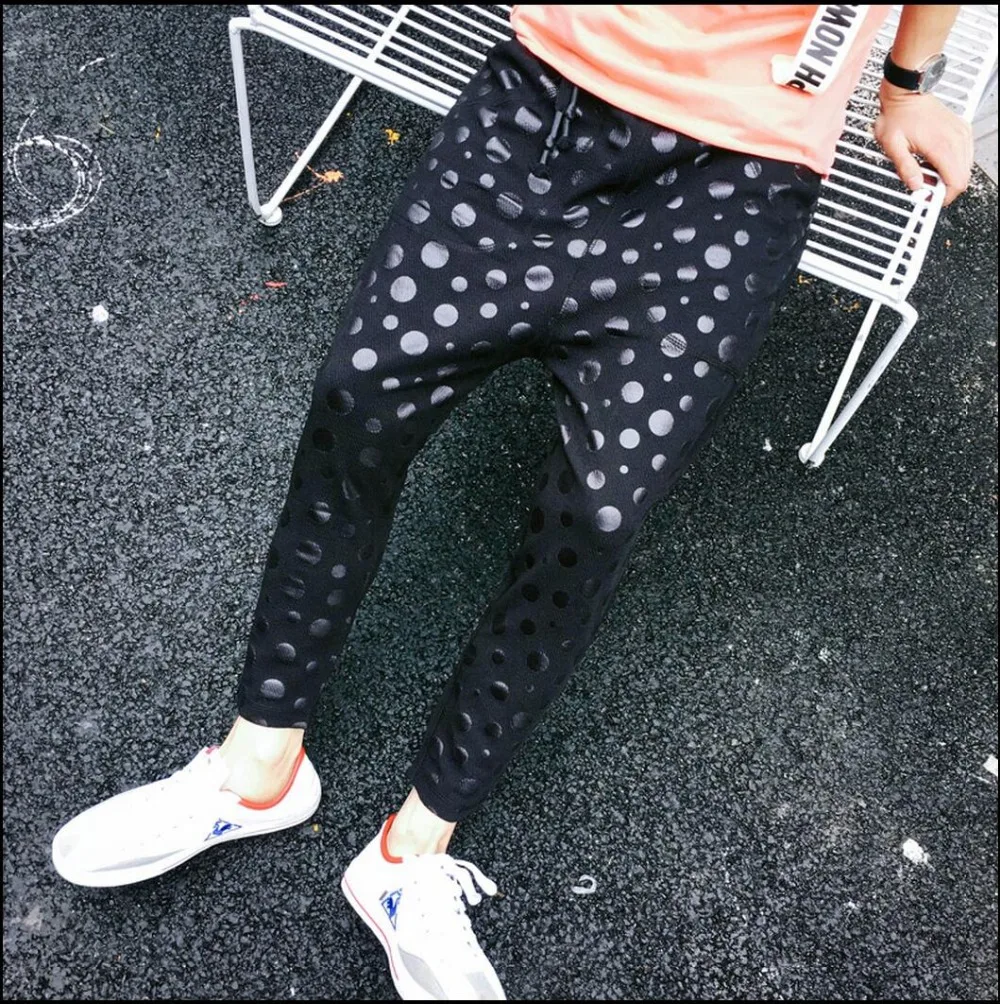 

Summer Black Sequins Dot Pants Printing Nine Points Slacks Harem Pants Non-mainstream Hairstylist Trousers Men's Singer Costumes