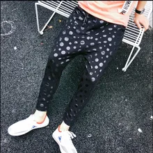 Летние Черные пайетки штаны в горошек печати девять очков Слаксы штаны-шаровары не связанные с основной парикмахера брюки мужские певица костюмы