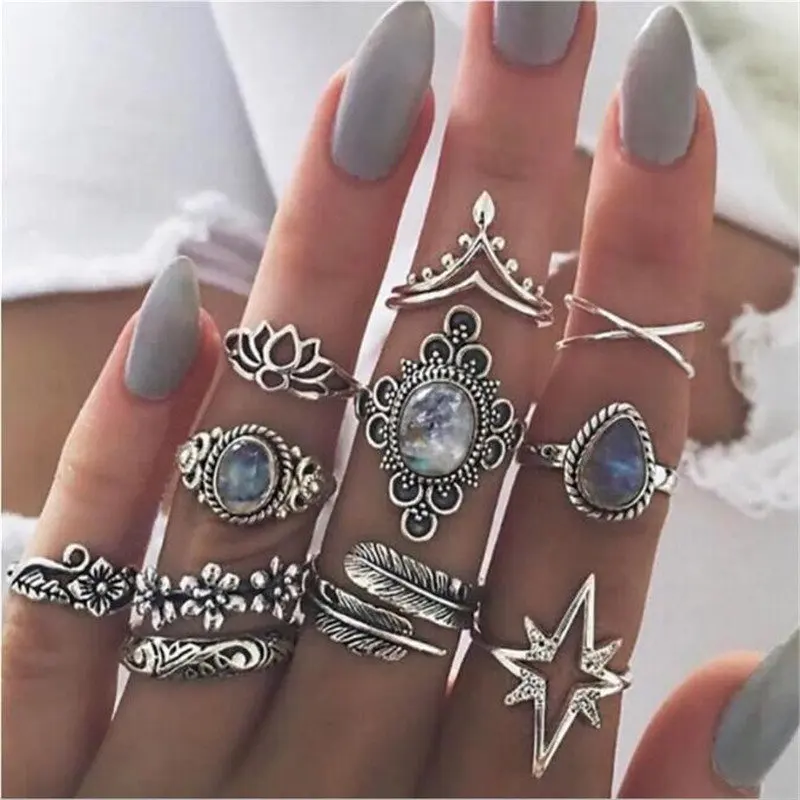 

Bohemia Antique Gold Silver Elephant Flower Rose Heart Crown Carved Rings Set Knuckle Finger Midi Ring for Women Jewelry