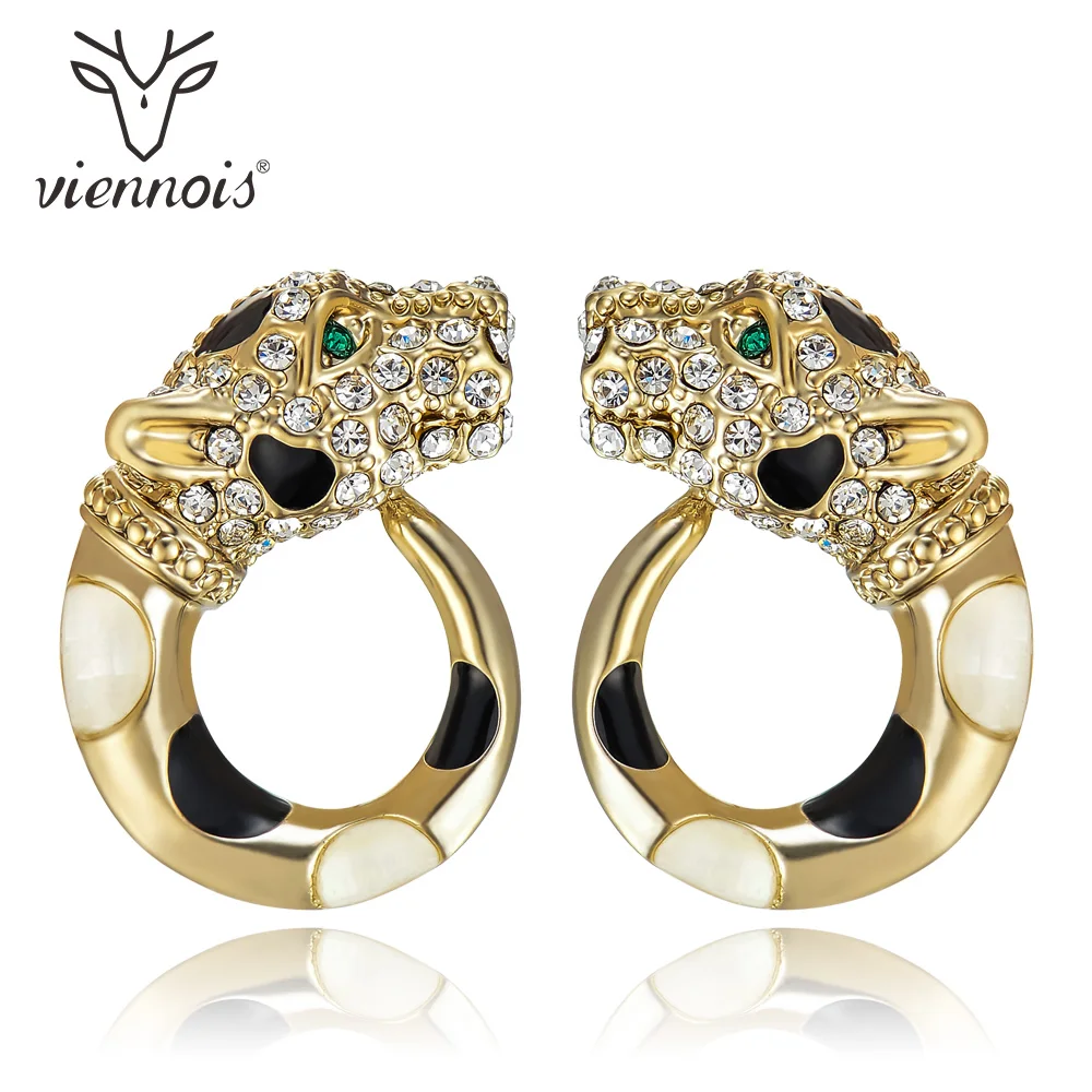 Viennois Gold / Gun Color Leopard Stud Earrings For Women Rhinestone Enamel Fashion Rhinestone Wedding Party Earrings Jewelry