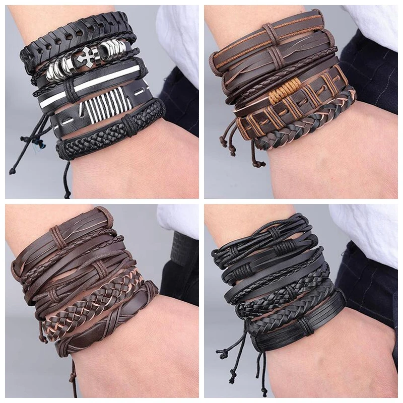 

Punk 4 Design Multilayer Leather Leather Bracelet For Men Vintage Handmade Braided Rope Charm Wrap Bracelets & Bangles Male Gift