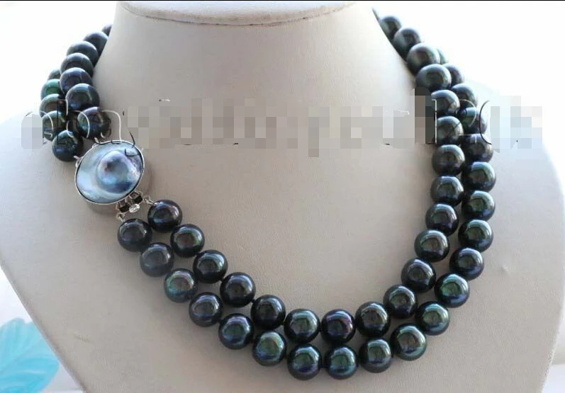 

FREE SHIPPING NEW genuine Double Natural 12mm Black Round Pearl Necklace mabe clasp #f1631! HOT HOT sell
