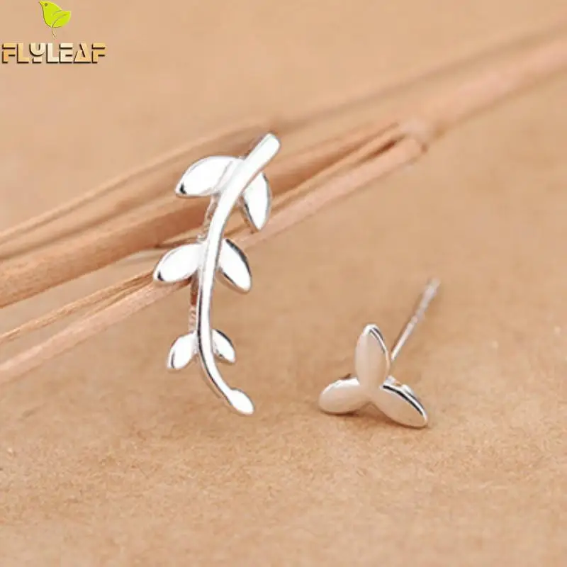 

925 Sterling Silver Asymmetry Leaves Stud Earrings For Women Flyleaf Lady Fashion Jewelry