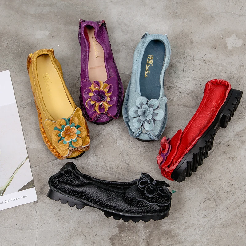 Ethnic Women Loafers Genuine Split Leather Flat Heels Flower Round Toe Soft Solid Sandals Platform Ladies Shoes Zapatos De Mujer bridal slingbacks