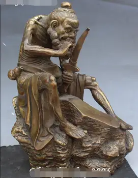 

12" Chinese Pure Bronze Ancinet Old Man People Hold Knife Bottle Gourd Statue