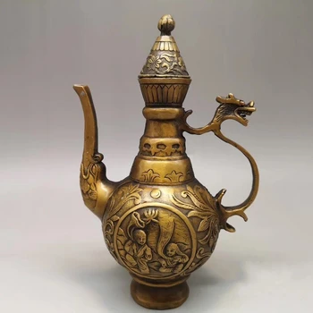

Collection Chinese Copper Carved Flower Dragon Head Pot Children Boys And Girls Fairy Wine Pot Exquisite Small Statue