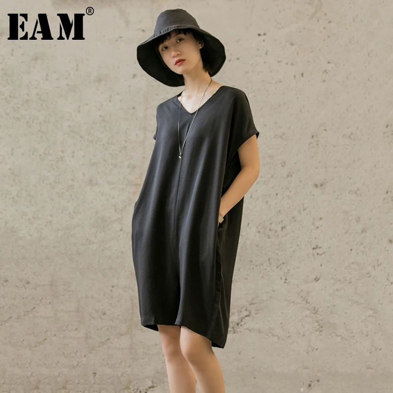 

[EAM] 2019 New Autumn Winter High Waist Pocket Stitch V-collar Loose Wide Leg Big Size Pants Women Jumpsuit Fashion Tide JX620