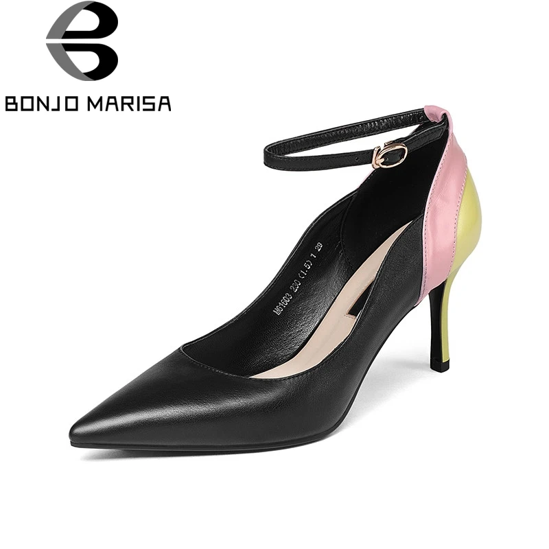 BONJNOMARISA 2018 Spring Autumn New Arrival Mixed Color Women Pumps Genuine Leather Ol High Heels Shoes Woman Shallow Work Shoes