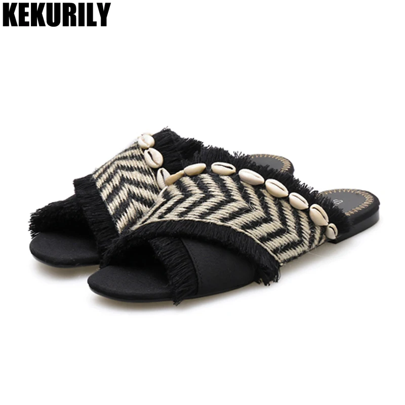 

summer fringe Slides Woman shoes mixed color flats Slippers Beach shoes ladies shell appliques flat Mules black zapatos mujer