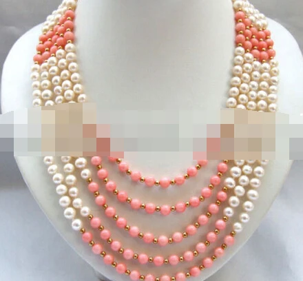 

3270 5 strand white color fresh water pearl and pink coral necklace