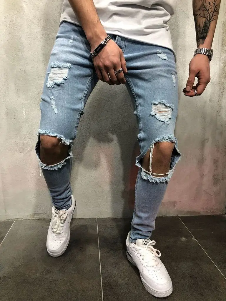 Новые брендовые рваные зауженные джинсы мужские синие и черные Hi-Street мужские джоггеры из денима потертые рваные джинсы - Цвет: B12005 blue