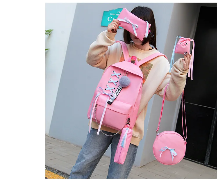 Women Backpack Korean Fashion Ribbon Bow 5pcs Cover Mother Bag Wild Large-capacity School Bag