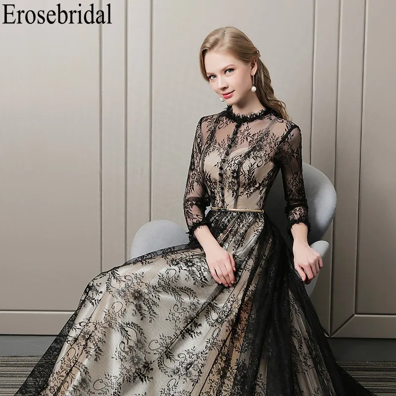 2019 3/4 Sleeve Evening Dress Long Black with Illusion Bodice Elegant O Neck Design Lace Prom Party Gowns Small Train 2019 3/4 Sleeve Evening Dress Long Black with Illusion Bodice Elegant O Neck Design Lace Prom Party Gowns Small Train