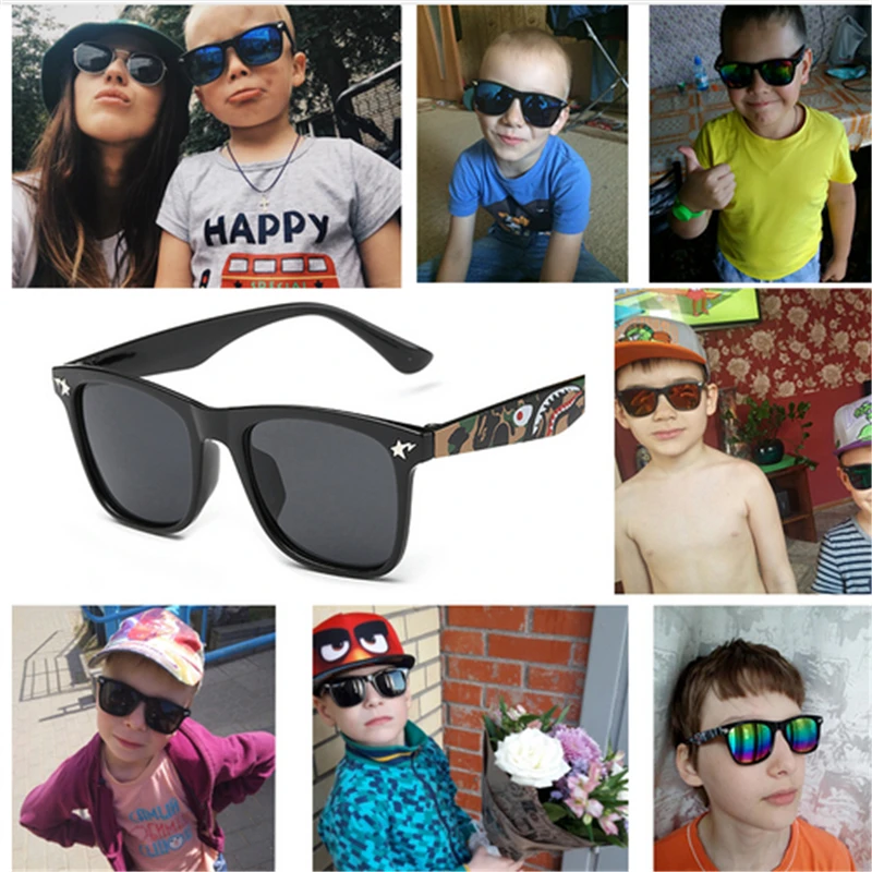 Брендовые детские солнцезащитные очки с камуфляжем; Детские военные очки; очки для девочек и мальчиков с зеркальным покрытием; плоские очки с акулой; Oculos Infan