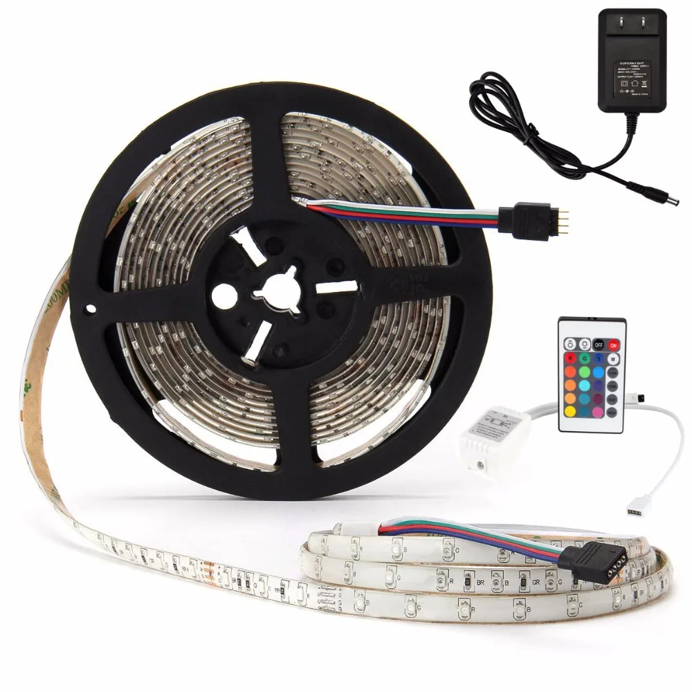 RGB LED Strip Light Kit 5M SMD3528 300LEDs Waterproof IP65 Flexible LED Lamp+DC 12V 2A Power Supply+24 Key IR Remote Controller_