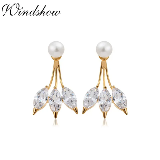 Ear Jacket 3 Marquise Cut Cz Faux White Pearl Stud Earrings For Ear Jacket 3 Marquise Cut Cz Faux White Pearl Stud Earrings For Women Gold Color Double Sided Back And Front Swing Jewelry