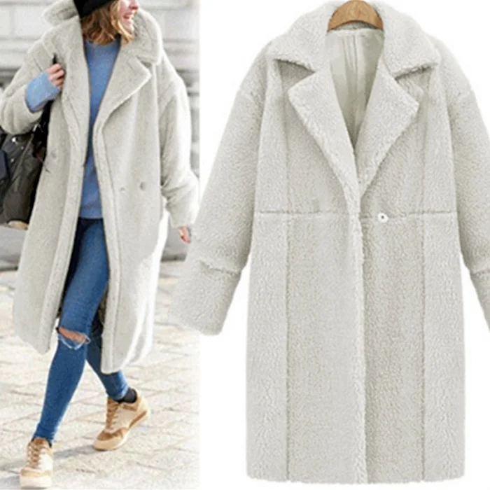 Женское осенне-зимнее шерстяное пальто с длинным рукавом и отложным воротником на молнии с карманами, однотонное повседневное теплое длинное пальто для женщин - Цвет: Слоновая кость