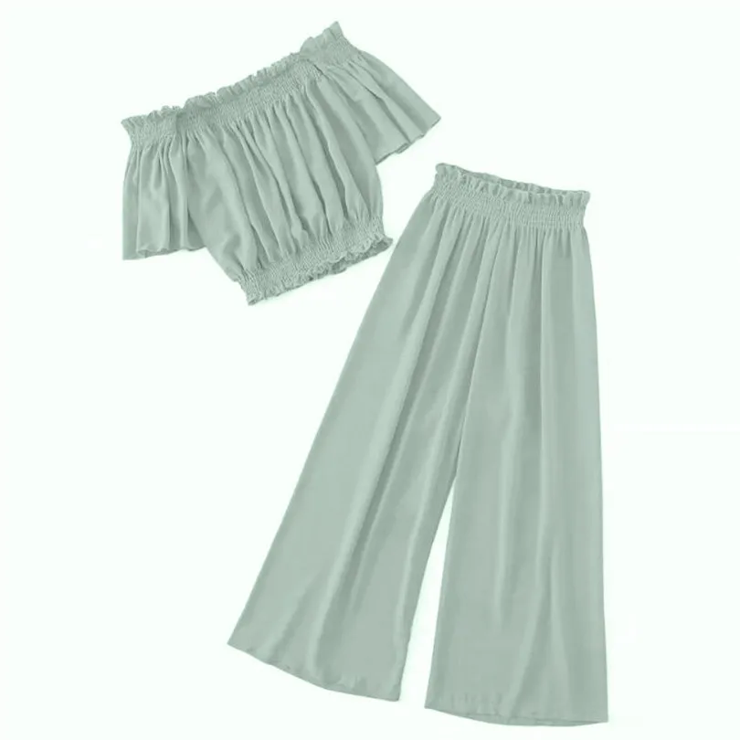 

KWAN_Vogue two piece set woman plus size summer Solid Suits Cold Shoulder Shirt Loose Wide Leg Pant Sets crop top women 2019 #2