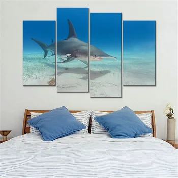 

Modular Pictures Living Room HD Printed Canvas 4 Panels Underwater World Shark Painting Home Decor Animal Poster Wall Art Frame