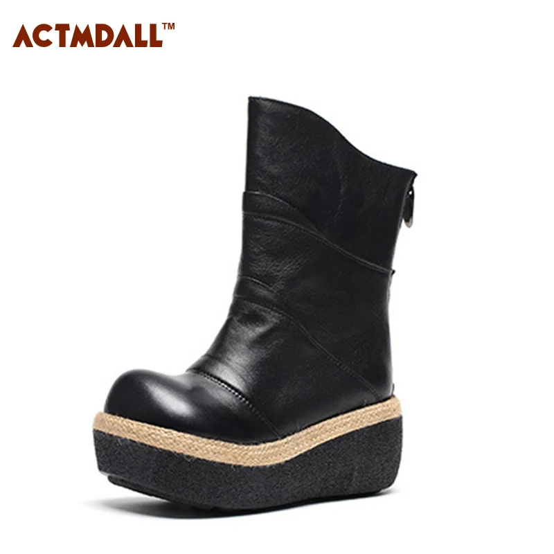 

Thick Bottom Women Boots Round Head High Heel Mid Calf Female Boots Platform Wedges Shoes 7cm For Winter Spring Autumn