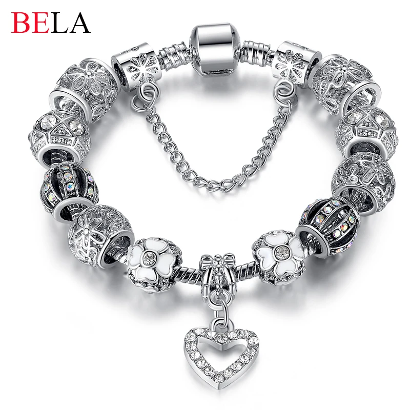 Fashion 925 Antique Silver Heart Charm bracelet for Women DIY Crystal Beads Fit Original Bracelets Pulseira