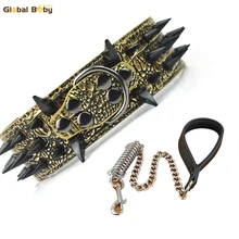Brand Global Baby Sharp Black Spikes Medium Large Dog Pet Pitbull Leather Collar Matched Spring Chain Dog Pet Leashes