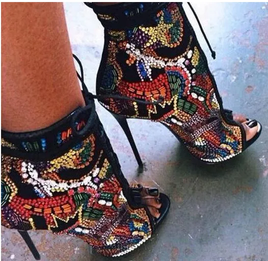 

Multicolor Summer Crystal Covered Comic Open toe Lace up High Heel Ankle Boots Peep Toe Cut-outs Summer Sandal Boots Pumps