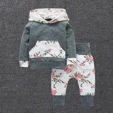 2018 Baby children spring and autumn new 2-piece suit set gray long-sleeved sweater hoodie + printing pants girls clothing