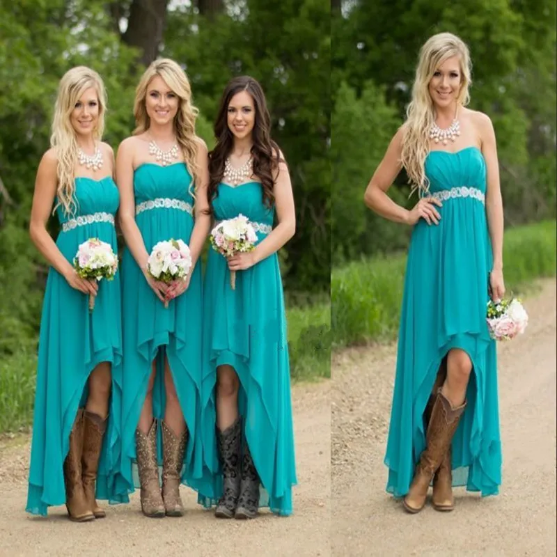 Turquoise Bridesmaid Dresses Chiffon Strapless High Low Cheap Vestido