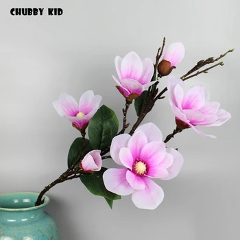 

12pcs! Wholesale 6 heads large Real touch Magnolia long stem wedding decorative artificial Silicone flower hand felt magnolias