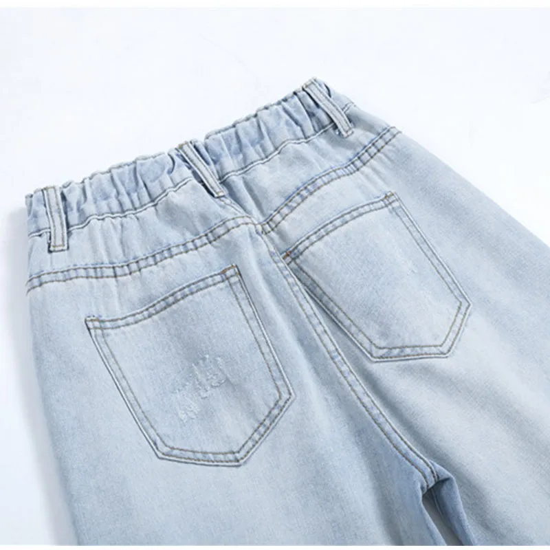 Женские винтажные Капри-шаровары Boyfriend больших размеров белого и синего цвета, 5Xl, 7Xl, эластичный пояс, светильник, Синие рваные джинсы длиной до щиколотки