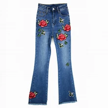Джинсы-бойфренды для Для женщин Лидер продаж Винтаж Проблемные Ripped роза Вышивка Длинные джинсы джинсовой мыть брюки женские джинсы Синий
