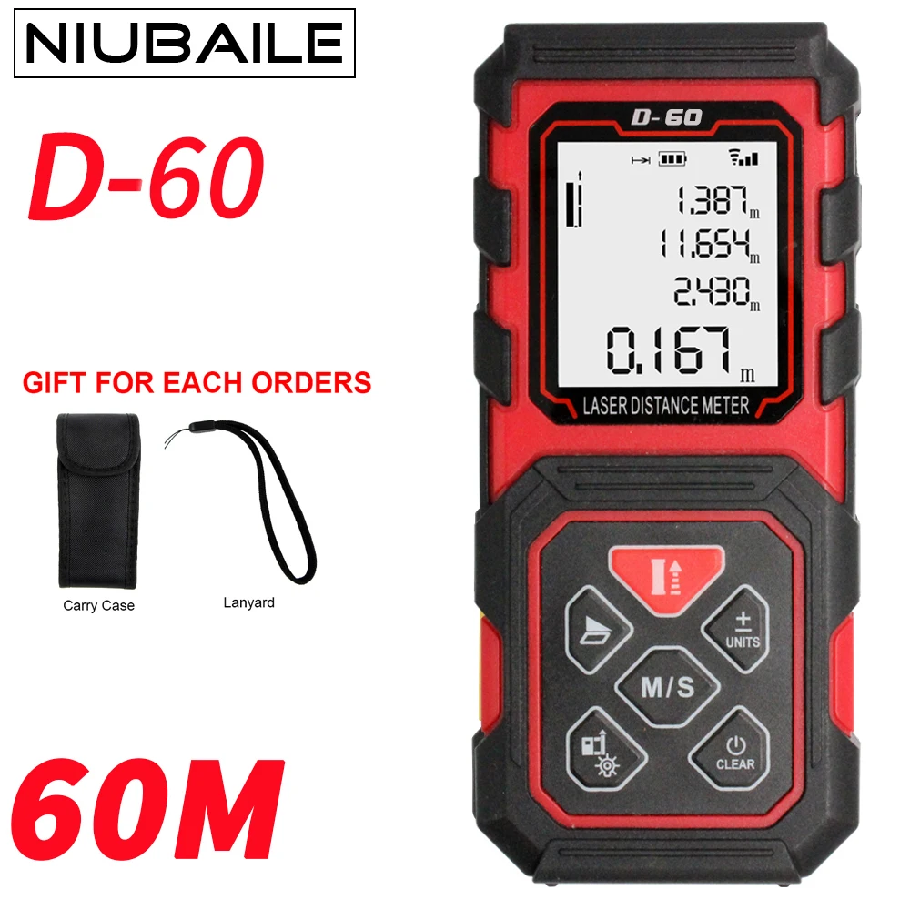 

NIUBAILE 60M Mini Laser Distance Meter Measure Roulette Rangefinder Build Measure Tool Area-volume-Angle Tape Measure D60-ZM-R