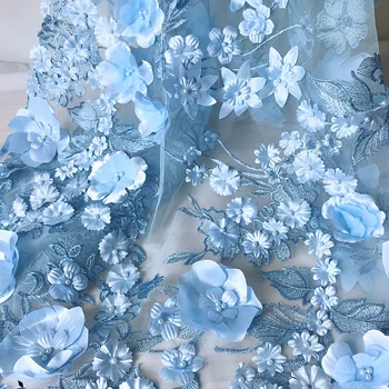 

LASUI 2019 NEW 1 yard FOR Bridal tiara, wedding dress decorationridal Exquisite Blue 3D flower beaded embroidered lace fabric
