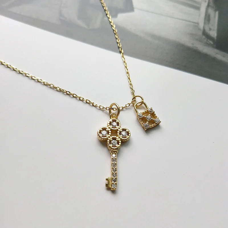 

WTLTC Real 925 Sterling Sliver Lock Key Necklace for Women Dainty Double Pendant Chokers With Rhinestone Initial Lover Jewelry