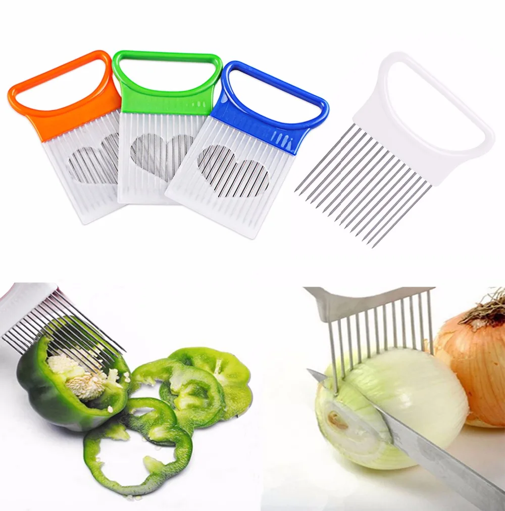 

Convenient Kitchen Cooking Tool Stainless Steel Onion Tomato Vegetable Slicer Cutting Aid Guide Holder Meat Fork Fruit Slicing