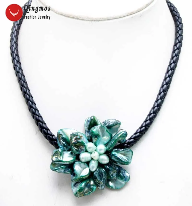 

Qingmos Trendy Shell Pendant Flower Necklace for Women with 70mm Green Shell Flower Pearl Necklace Chokers 18'' Jewelry Nec6358