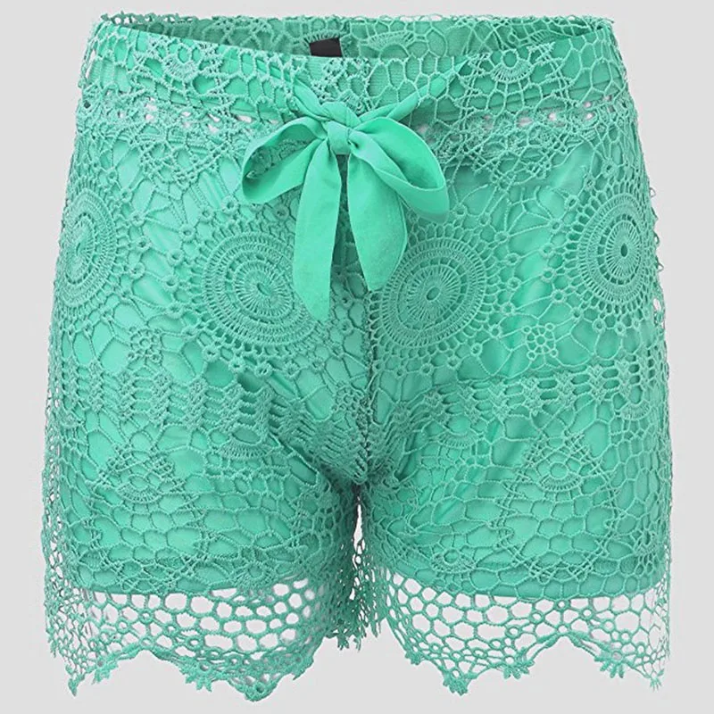 Для женщин летние Шорты для женщин модные Кружево выдалбливают шнурок Рубашки домашние цветочные короткие штаны Летний пляж Приморский