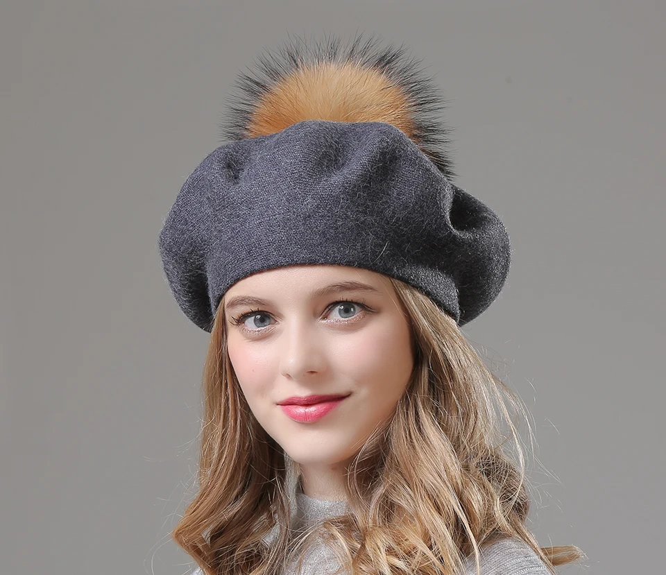 Women Beret Wool Hat Winter Knitted Wool Berets Real Fur Pompom Hats Beanies Female Top Quality Beret Cap (6)