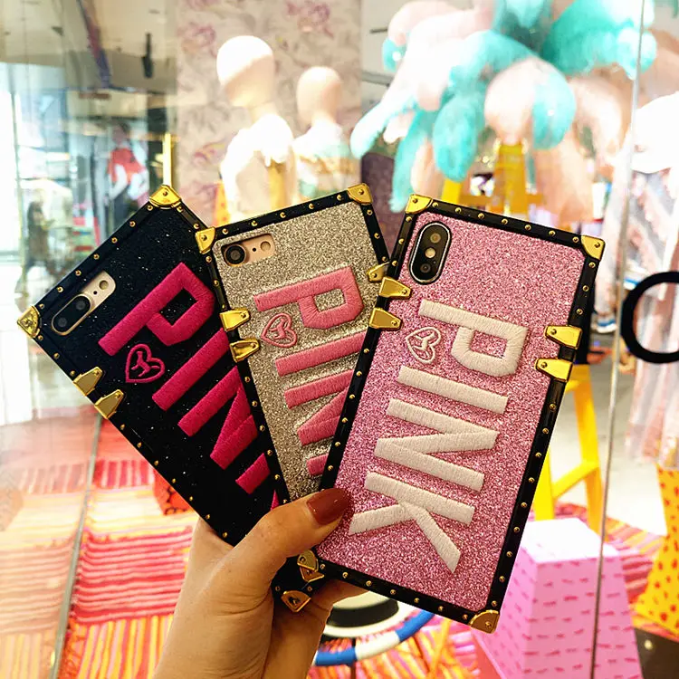 

Luxury VS Embroidery 3D Pink Letter Case for iphone 7 8 7Plus Glitter Metal Square Phone Cases for iPhone X XR XS MAX 6 6s Plus