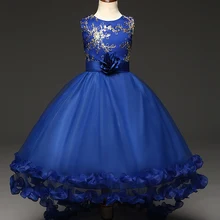 Золотое Платье с вышивкой и цветочным узором для девочек, расшитое блестками Сетчатое платье для девочек на свадьбу, платье принцессы для вечеринок, одежда для девочек