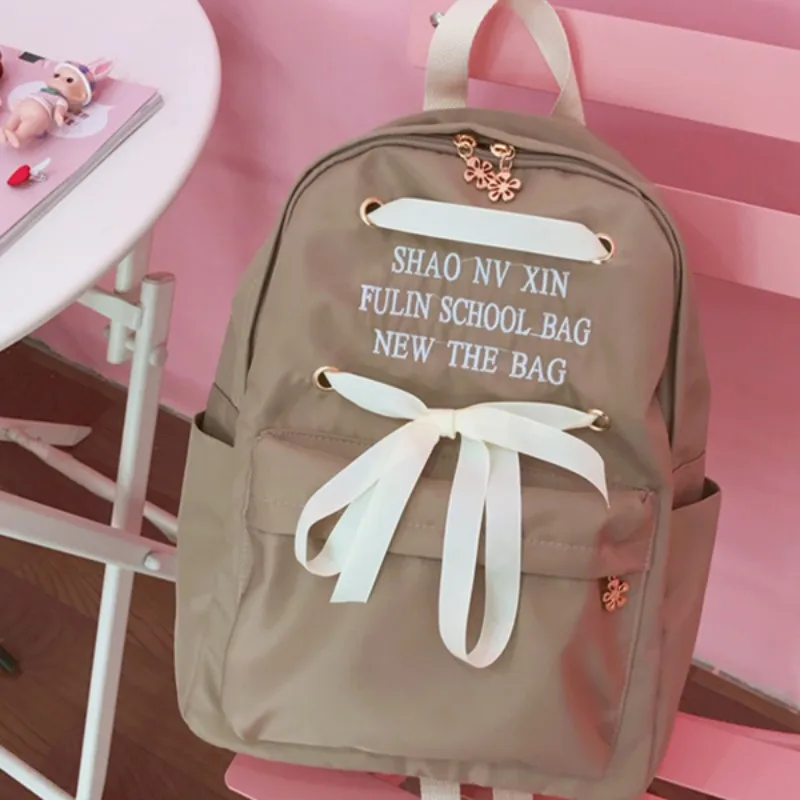 WISHOT лук рюкзак с завязкой дорожная сумка для подростков Kawaii девочек шелковая лента вышивка письмо милая розовая сумка - Цвет: brown